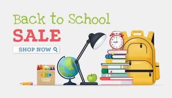 Back to School Sale Banner. Vector realistic illustration, school supplies, accessories