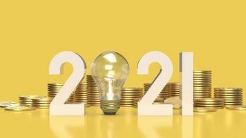 The number 2021 and gold coins  on yellow background 3d rendering. photo