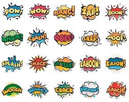 Comic speech bubble. Cartoon comic book text clouds. Comic pop art book pow, oops, wow, boom exclamation signs vector comics words set. Creative retro balloons with funny slang phrases and expressions