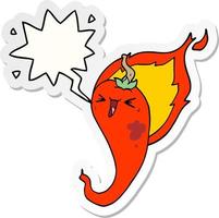 cartoon flaming hot chili pepper and speech bubble sticker vector