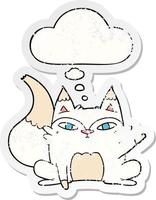 cartoon arctic fox and thought bubble as a distressed worn sticker vector