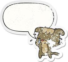 perro triste de dibujos animados llorando y etiqueta engomada angustiada de la burbuja del habla
