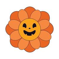 Spooky retro daisy flower orange pumpkin style with scary funny face. Groovy retro Halloween clip art design element, t shirt print vector