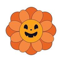 Spooky retro daisy flower orange pumpkin style with scary funny face. Groovy retro Halloween clip art design element, t shirt print vector