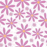 Cute floral seamless pattern background with pink daisy flowers  on white backdrop. Vector illustration, Cute retro, vintage camomile wallpaper, textile design.