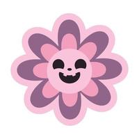 Spooky retro daisy flower with carved pumpkin style face with smile, scary funny emotion. Groovy retro Halloween clip art design element, t shirt print. vector