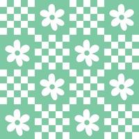 Cute patchwork floral seamless pattern background, teal turquoise green monochrome checkerboard and daisy backdrop. Modern, trendy vector design, aesthetic print for textile, wallpaper