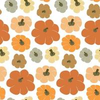 Cute vector seamless pattern background with top view pumpkins on white backdrop. Different various gourd in autumn warm color palette in simple hand drawn style. Fall wallpaper, texture