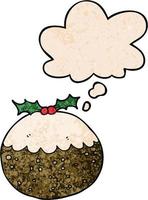 cartoon christmas pudding and thought bubble in grunge texture pattern style vector