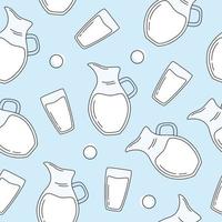 Milk seamless pattern with jugs of milk and glasses of milk in flat style. Farm products. vector