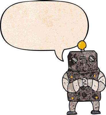 cartoon robot and speech bubble in retro texture style