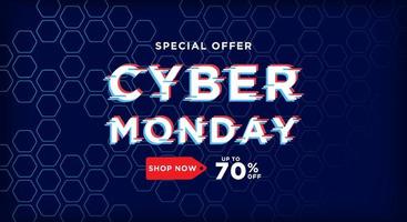 Cyber monday promo banner with lines on glitch screen. . Advertising poster or banner design with abstract elements on blue background. vector