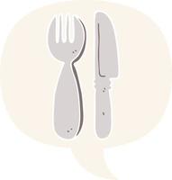 cartoon knife and fork and speech bubble in retro style vector