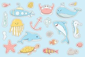 under the sea cute stickers set clipart vector