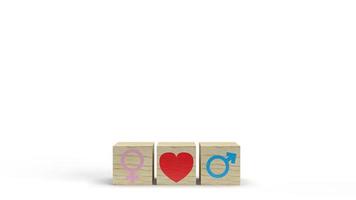 el género en cubo de madera con símbolo de amor renderizado 3d para el día de san valentín. foto