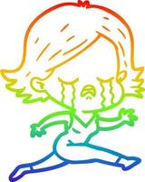 rainbow gradient line drawing cartoon girl crying whilst running vector