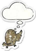 cartoon bird and thought bubble as a distressed worn sticker vector