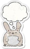 cartoon rabbit and thought bubble as a distressed worn sticker vector