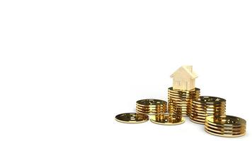 The  home wooden gold coins group 3d rendering on white background  for property content. photo