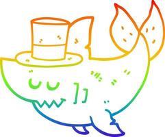 rainbow gradient line drawing cartoon shark wearing top hat vector