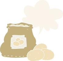 cartoon bag of potatoes and speech bubble in retro style vector