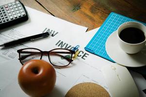 Business person working on wood table Flat lay background. photo