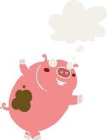 funny cartoon pig and thought bubble in retro style vector