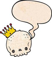 cartoon skull and crown and speech bubble in retro texture style vector