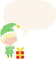 cartoon happy christmas elf and speech bubble in retro style vector