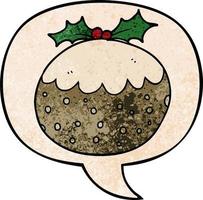 cartoon christmas pudding and speech bubble in retro texture style vector