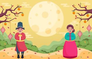 los niños visten trajes tradicionales en el festival chuseok vector