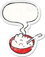 cartoon bowl of porridge and speech bubble distressed sticker
