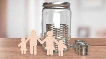The family wood plate and jar coins for saving concept 3d rendering photo