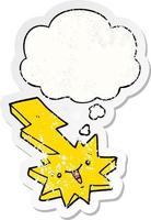 cartoon lightning strike and thought bubble as a distressed worn sticker vector