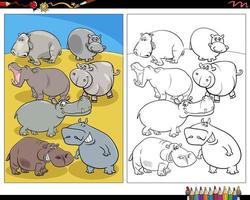 caricatura, hipopótamos, animales, caracteres, colorido, página vector