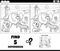 Juego de diferencias con animales salvajes de dibujos animados para colorear página vector
