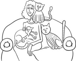 woman with her cats on the sofa cartoon coloring page vector