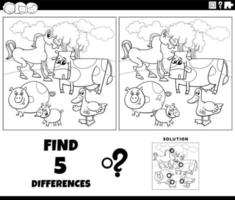 differences game with cartoon farm animals coloring page vector