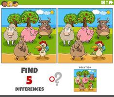 differences task with cartoon farm animals in the meadow vector