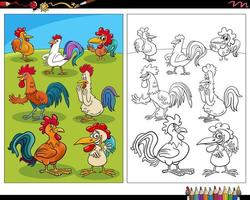dibujos animados gallos pájaros animales de granja personajes página para colorear vector