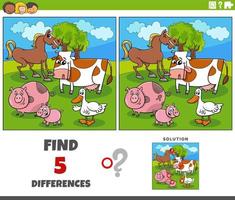 differences game with cartoon farm animals in the meadow vector