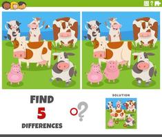 differences game with cartoon cows and pigs farm animals vector