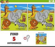 differences game with cartoon wild animal characters vector