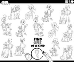 one of a kind game with cartoon kids and dogs coloring page vector