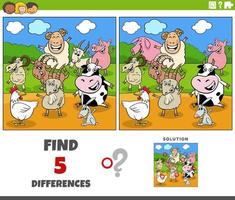 differences game with cartoon farm animal characters vector