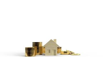 The wooden home toy and gold coins 3d rendering for business content. photo