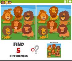 juego de diferencias con personajes de animales de leones de dibujos animados vector
