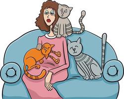 mujer con sus gatos en la ilustración de dibujos animados de sofá vector