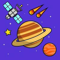 planeta con ilustración de icono de vector de dibujos animados de satélite y meteorito. concepto de dibujos animados plana