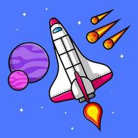 Space Shuttle Flying with Planet and Meteorite Space Cartoon Vector Icon Illustration. Science Technology Flat Cartoon Concept